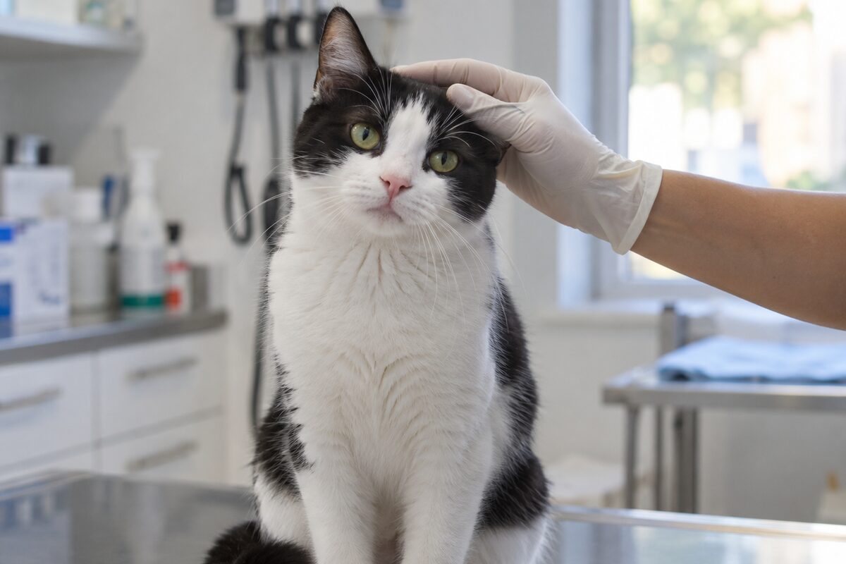 Gato joven blanco y negro sentado sobre la mesa de una clínica veterinaria mientras una mano con guante le acaricia la cabeza