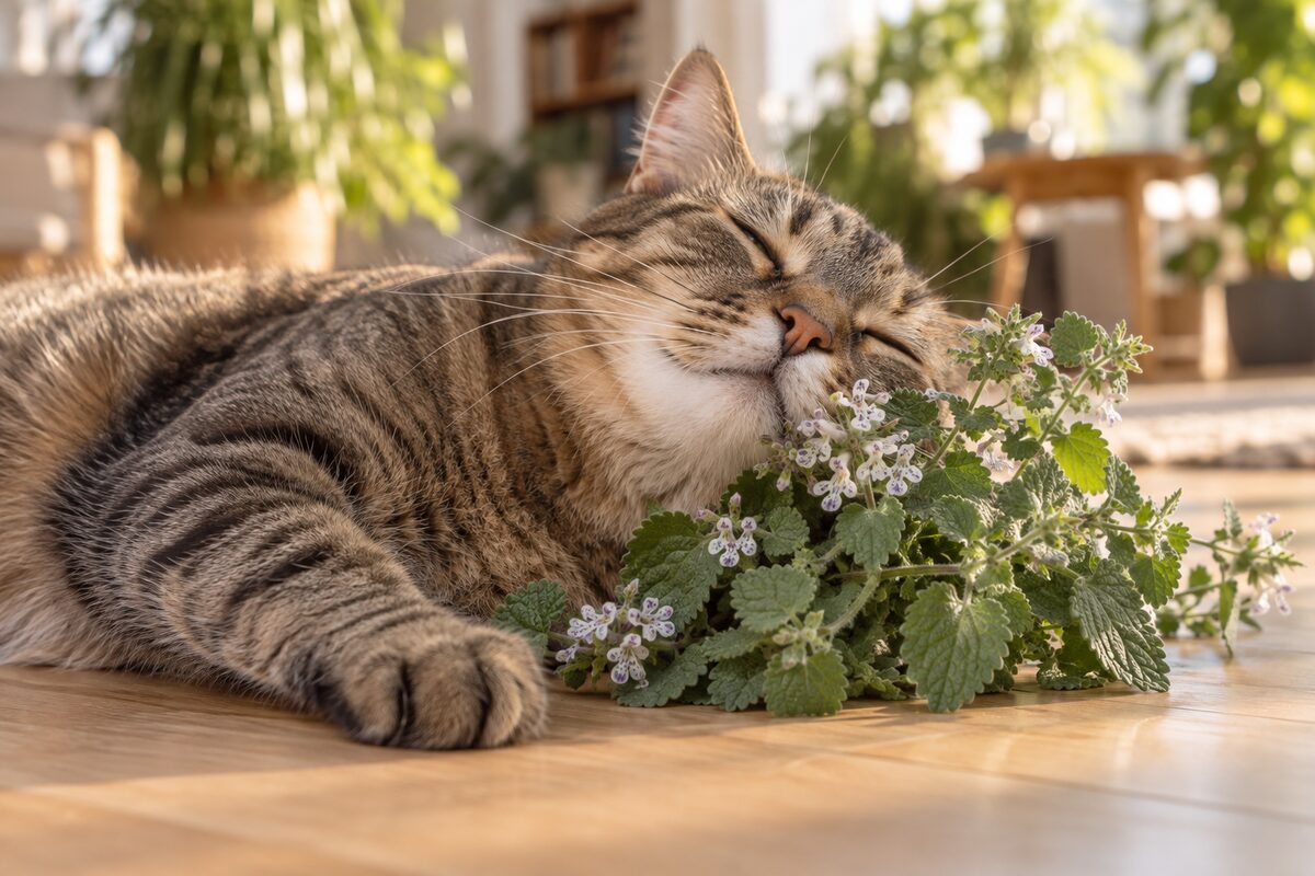 Gato atigrado con los ojos cerrados frotando la cara contra un ramillete de hierba gatera en flor