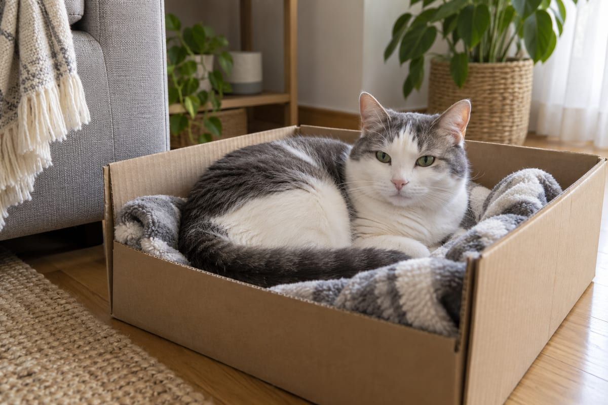 Gato relajado dentro de una caja con una manta en un rincón tranquilo de casa