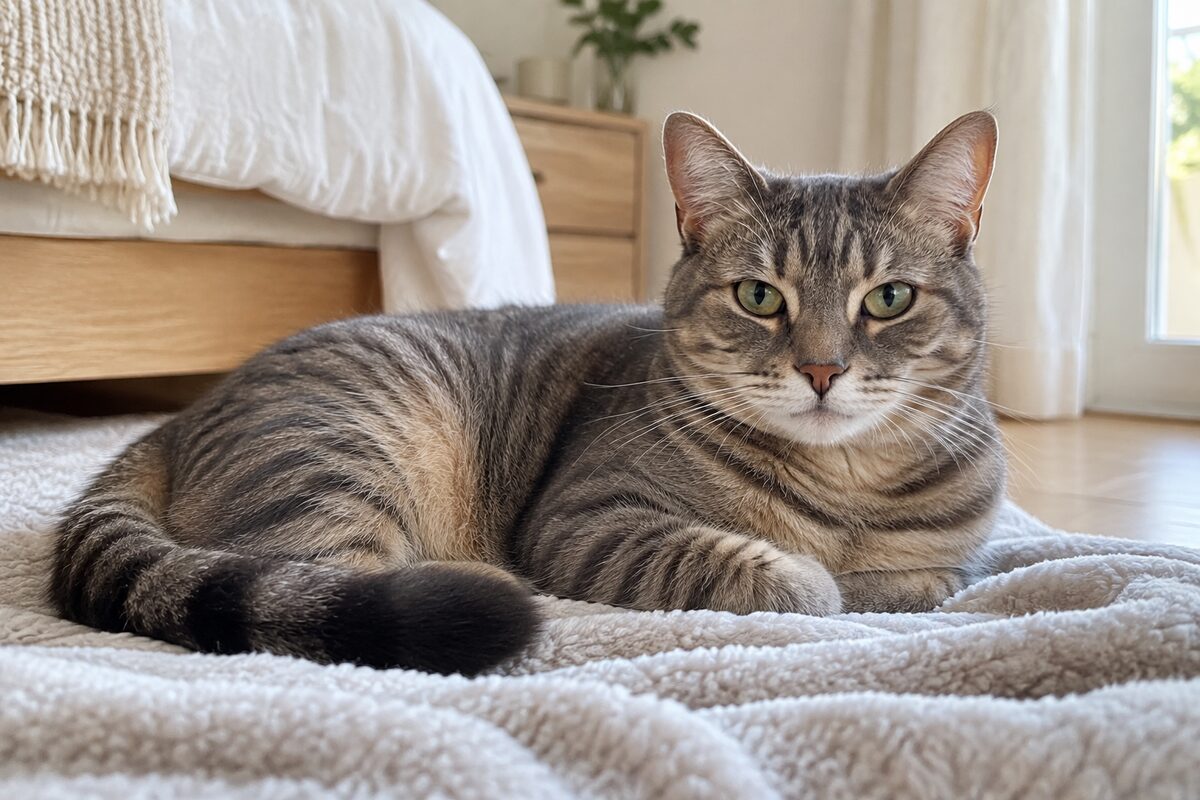 Gato atigrado gris descansando con calma sobre una manta suave en un dormitorio luminoso