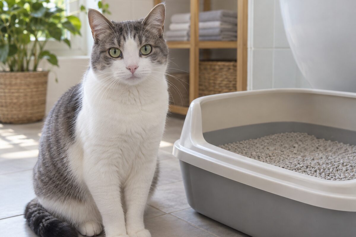Gato blanco y gris sentado junto a un arenero limpio en un baño luminoso, mirando a cámara