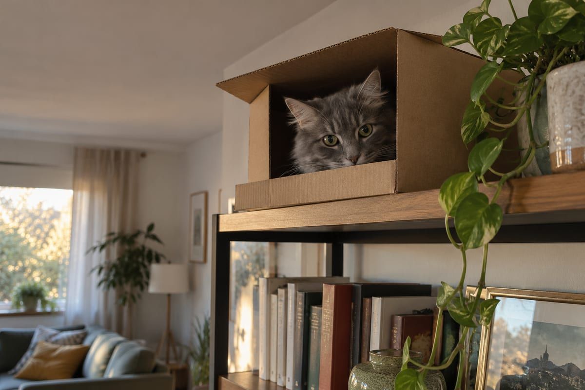 Gato gris asomándose con cautela desde una caja de cartón en una estantería alta