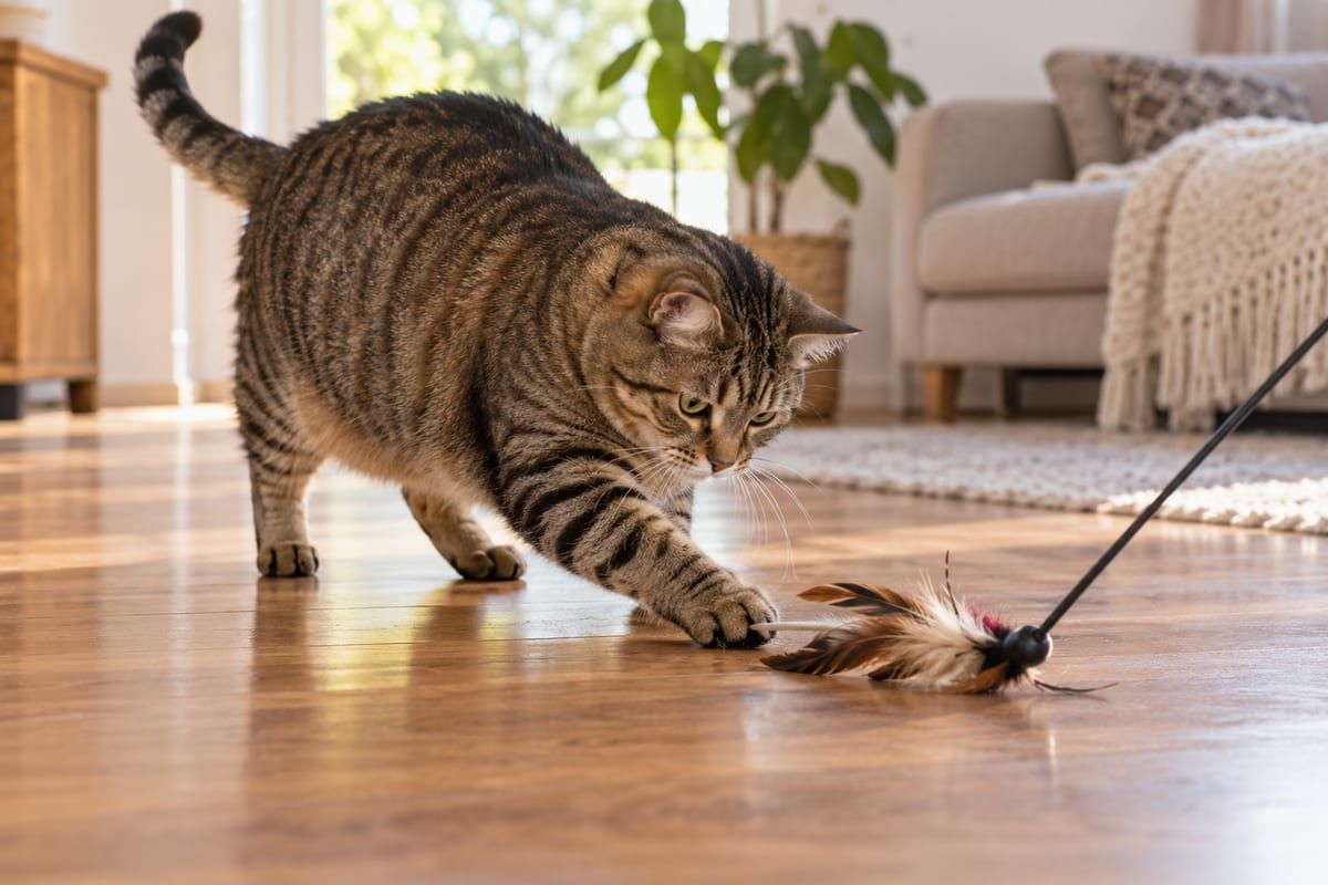 Gato atigrado con algo de sobrepeso jugando con una caña de plumas en un salón