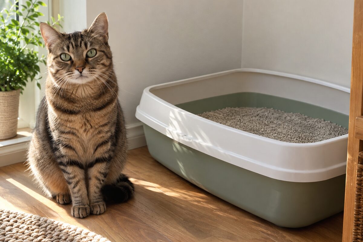 Gato atigrado sentado junto a una bandeja de arena grande y abierta en un rincón soleado de la casa