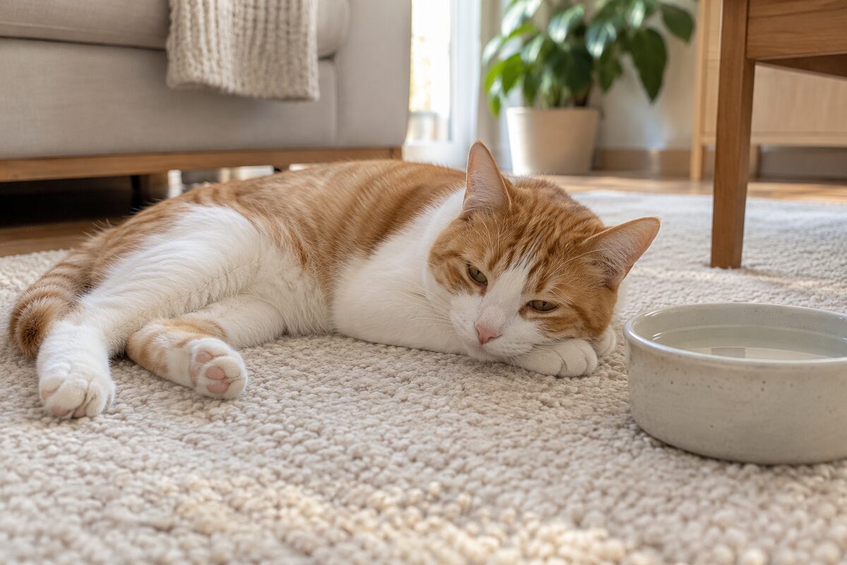 Gato naranja y blanco de aspecto cansado tumbado sobre una alfombra clara junto a un cuenco de agua