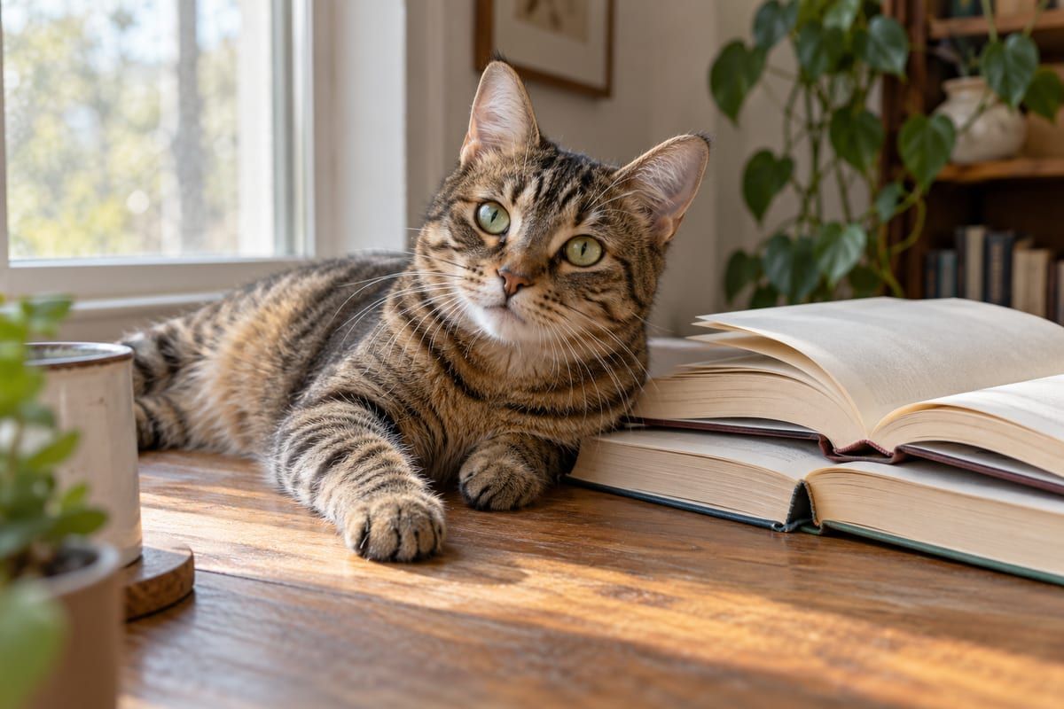 Gato atigrado tumbado junto a unos libros abiertos