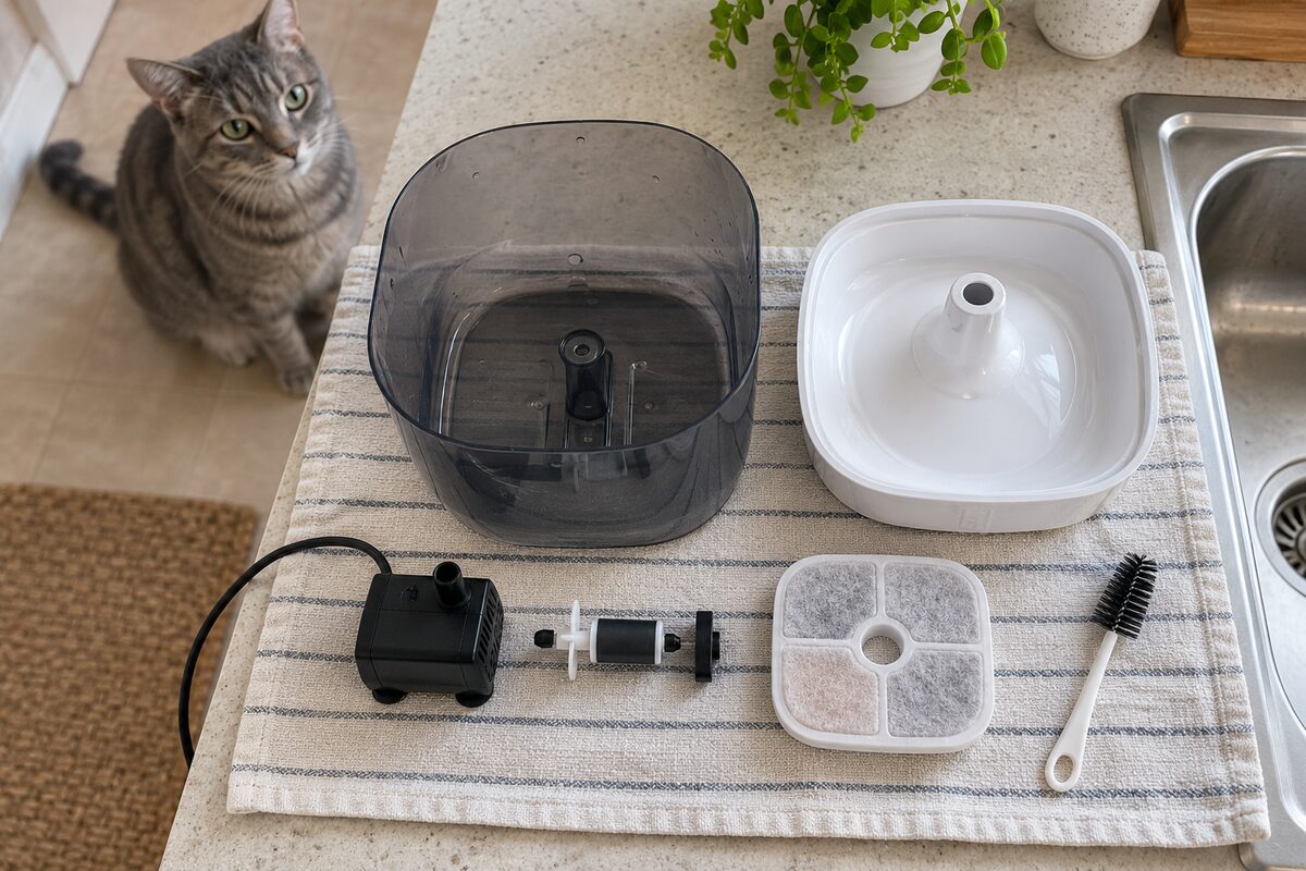 Piezas de una fuente para gatos desmontada sobre un paño junto al fregadero: depósito, bomba, rotor, filtro y cepillo, con un gato gris al fondo