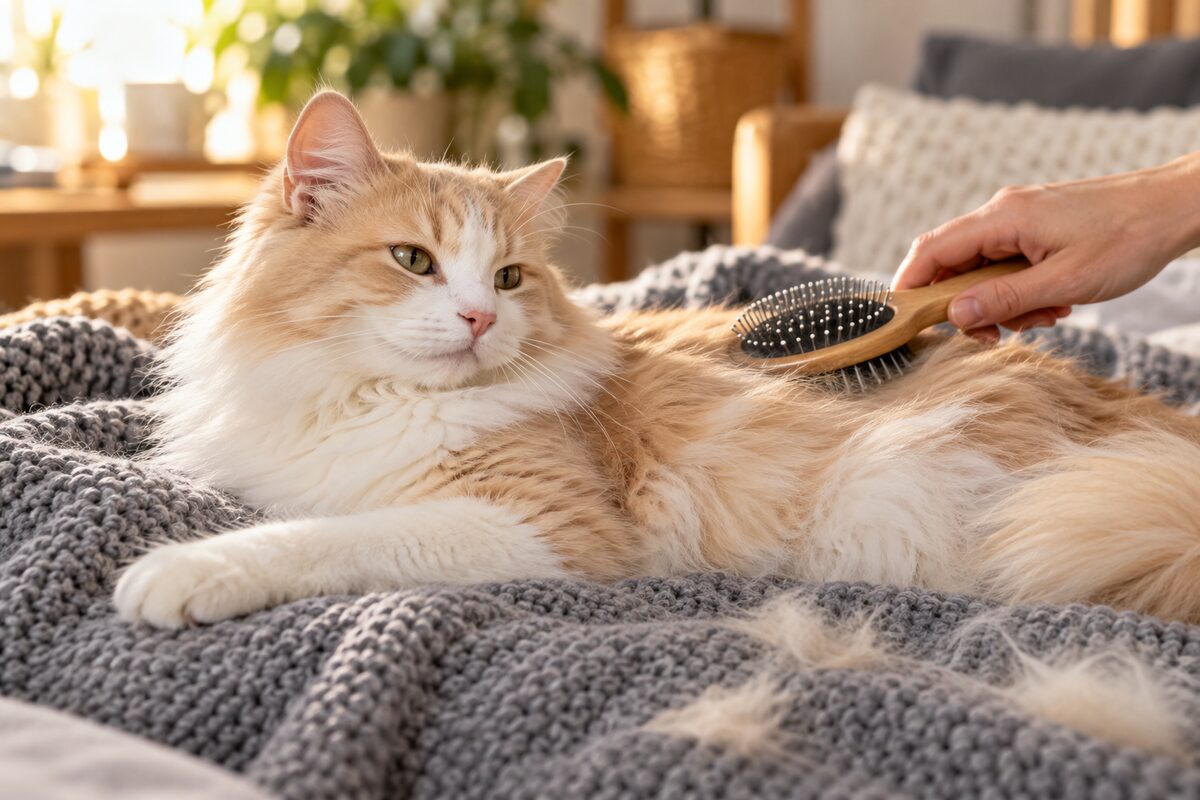 Una persona cepilla a un gato de pelo largo crema y blanco que descansa sobre una manta gris