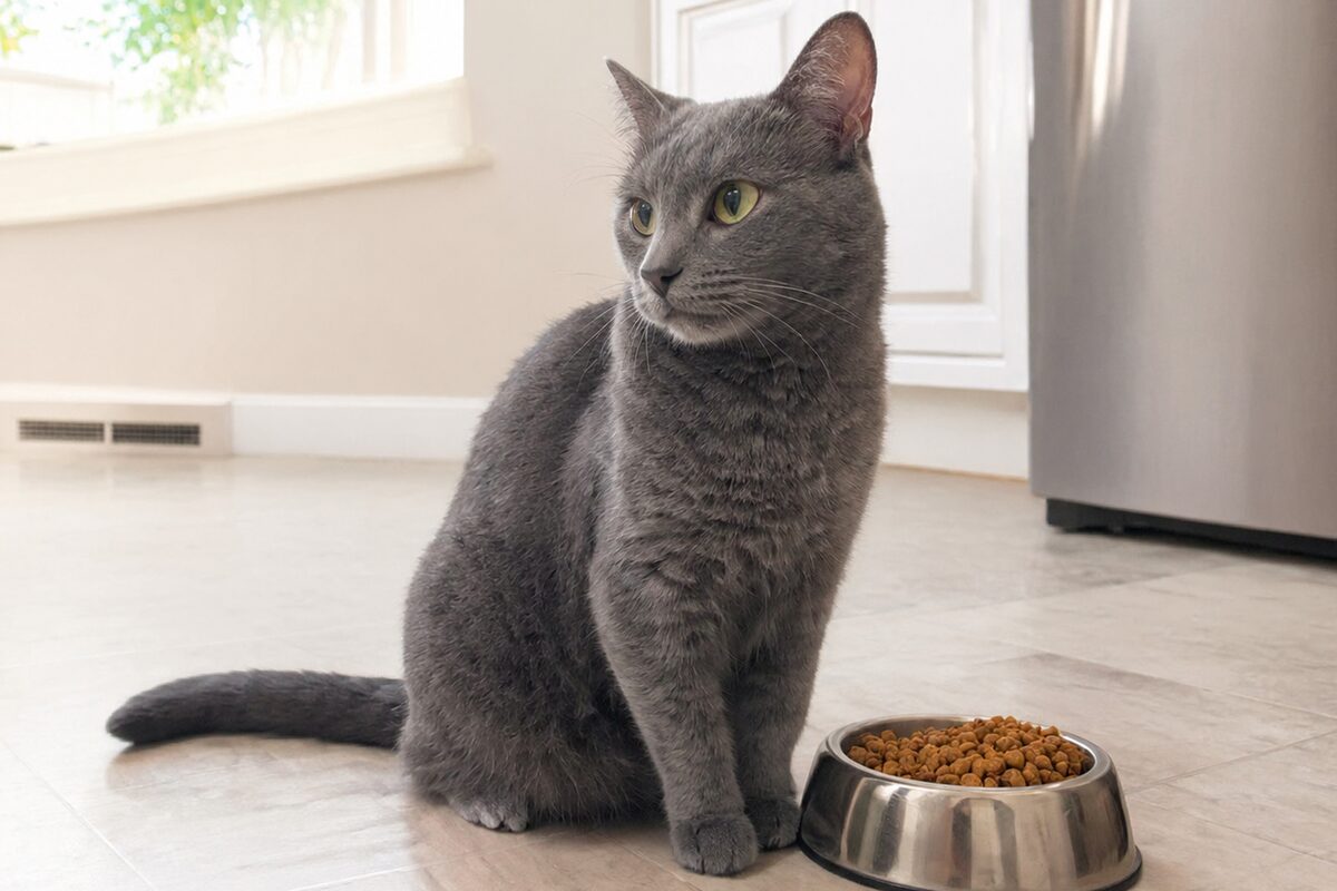 Gato gris de pelo corto sentado en una cocina luminosa junto a un cuenco de pienso lleno, mirando hacia otro lado
