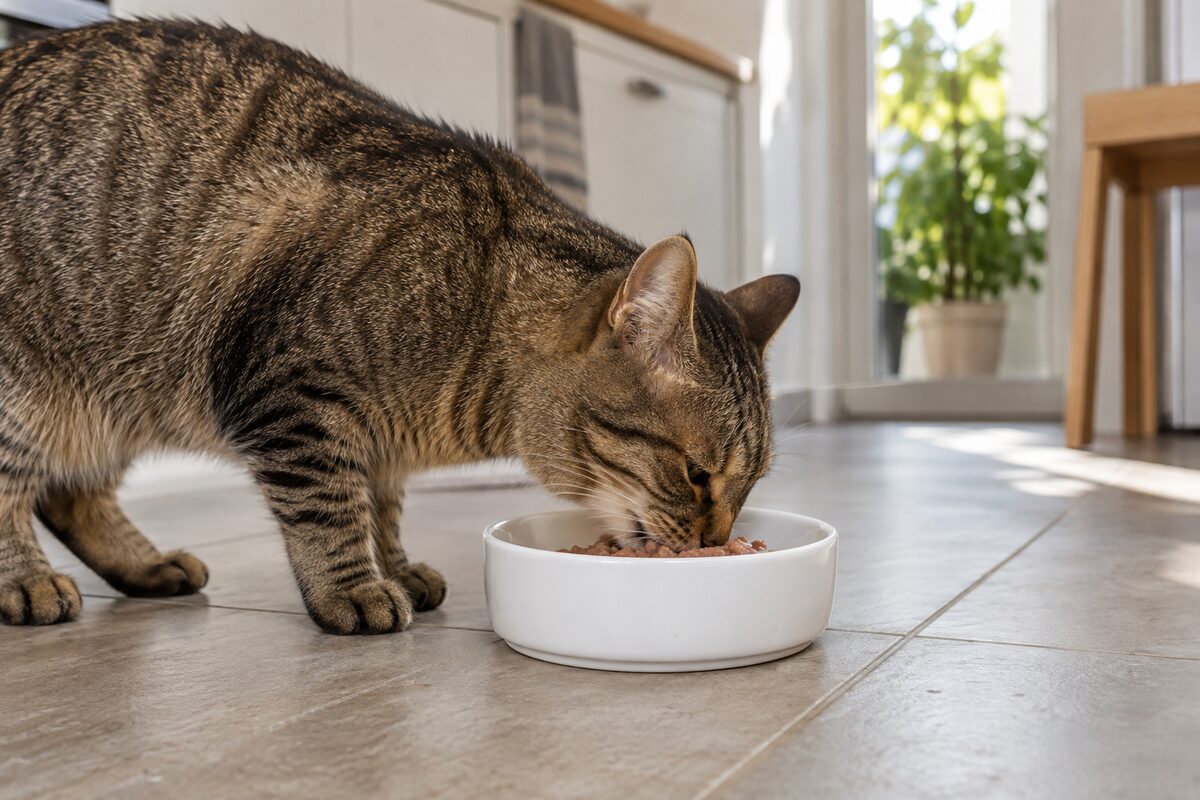 Gato atigrado comiendo comida húmeda de un cuenco blanco de cerámica en el suelo de una cocina