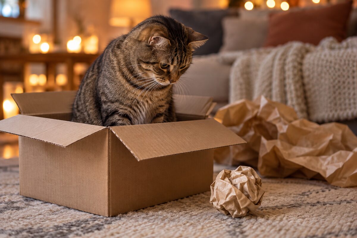 Gato atigrado sentado dentro de una caja de cartón abierta mirando una bola de papel kraft arrugado