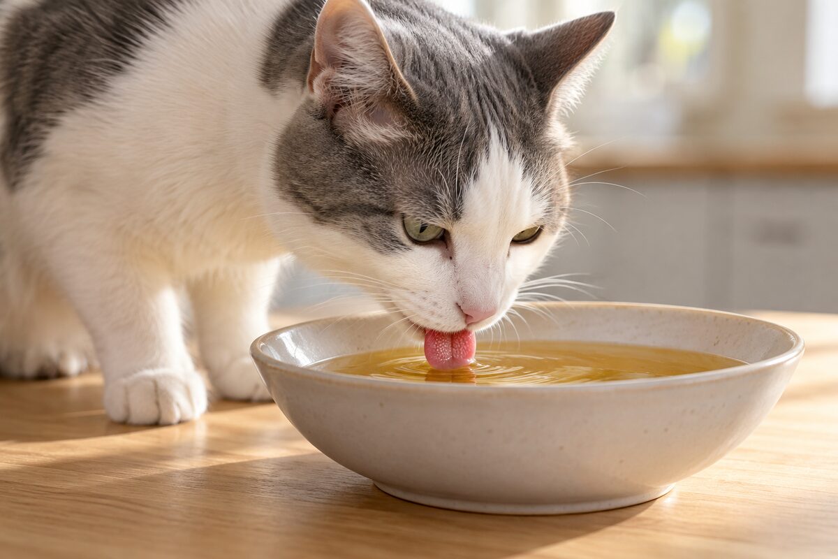 Gato blanco y gris lamiendo un caldo dorado en un cuenco ancho de cerámica sobre una encimera de madera