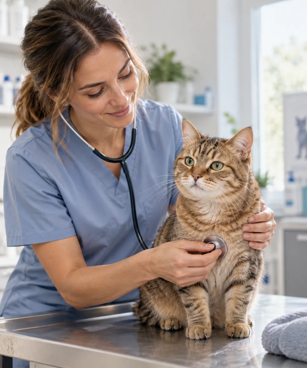 Veterinaria auscultando con un fonendoscopio a un gato atigrado sobre la mesa de exploración