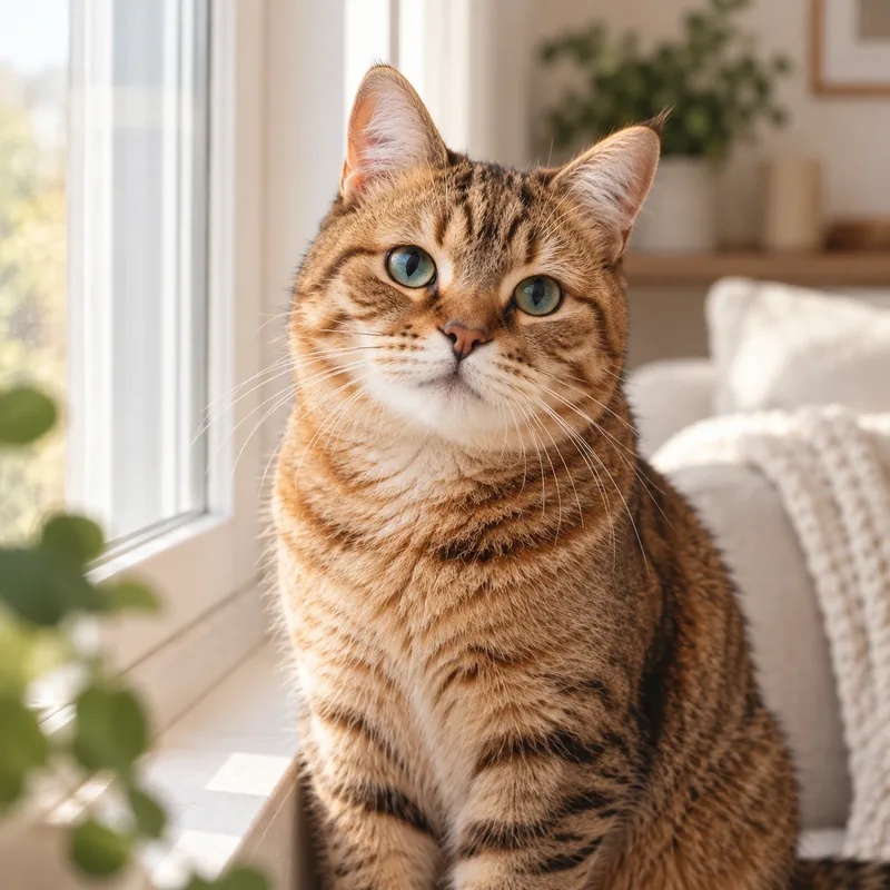 Gato atigrado sentado junto a una ventana