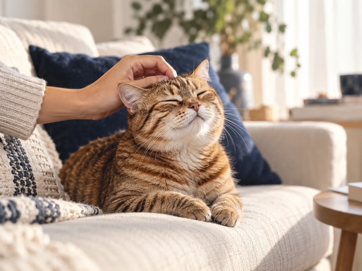 Gato atigrado con los ojos cerrados disfrutando de las caricias de su dueño en el sofá de casa